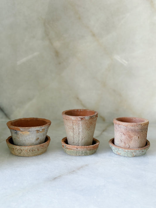 Trio of Earth Fired Clay Pots & Saucer Set