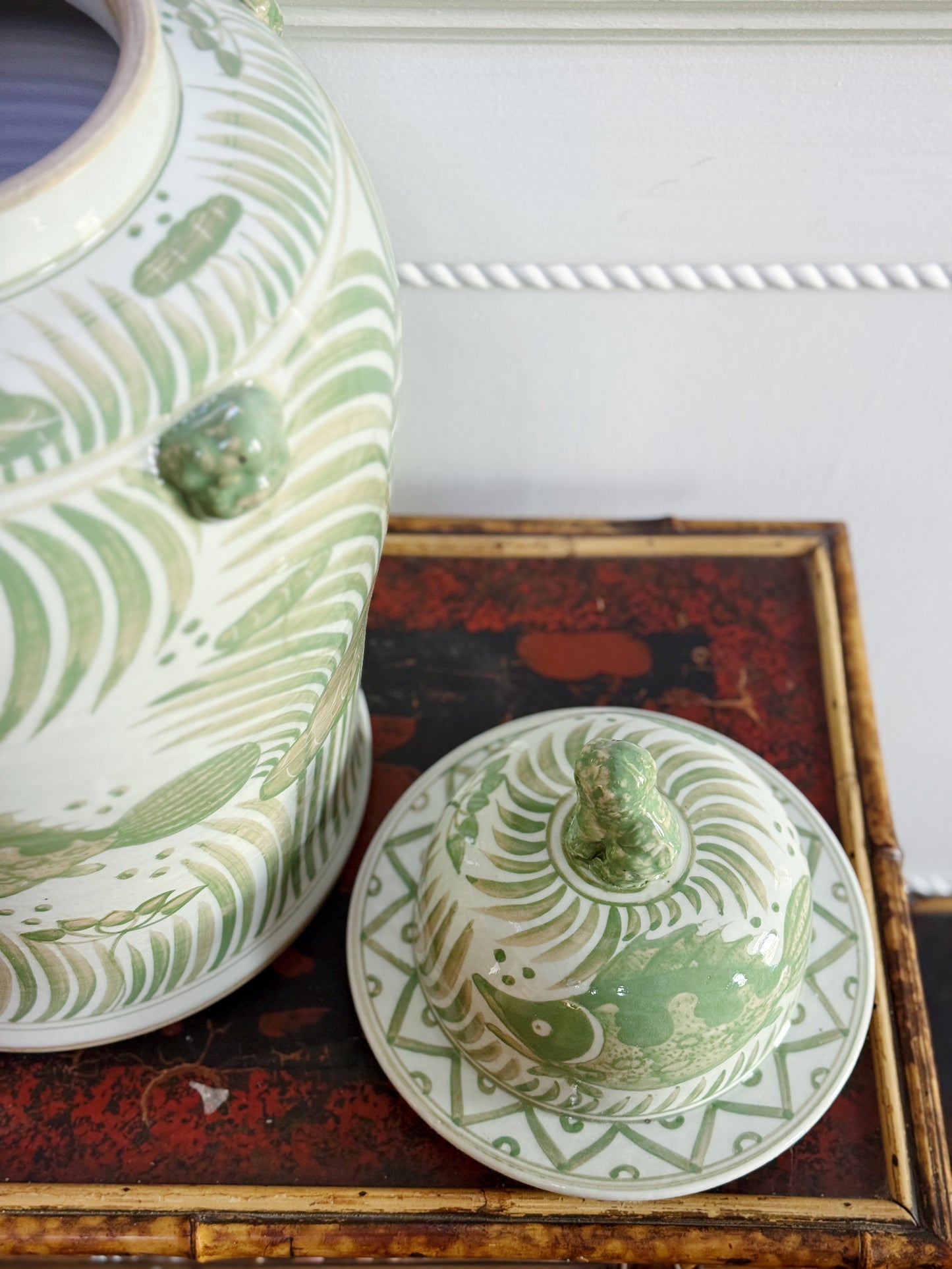 Large Green & White Fish and Lotus Temple Jar