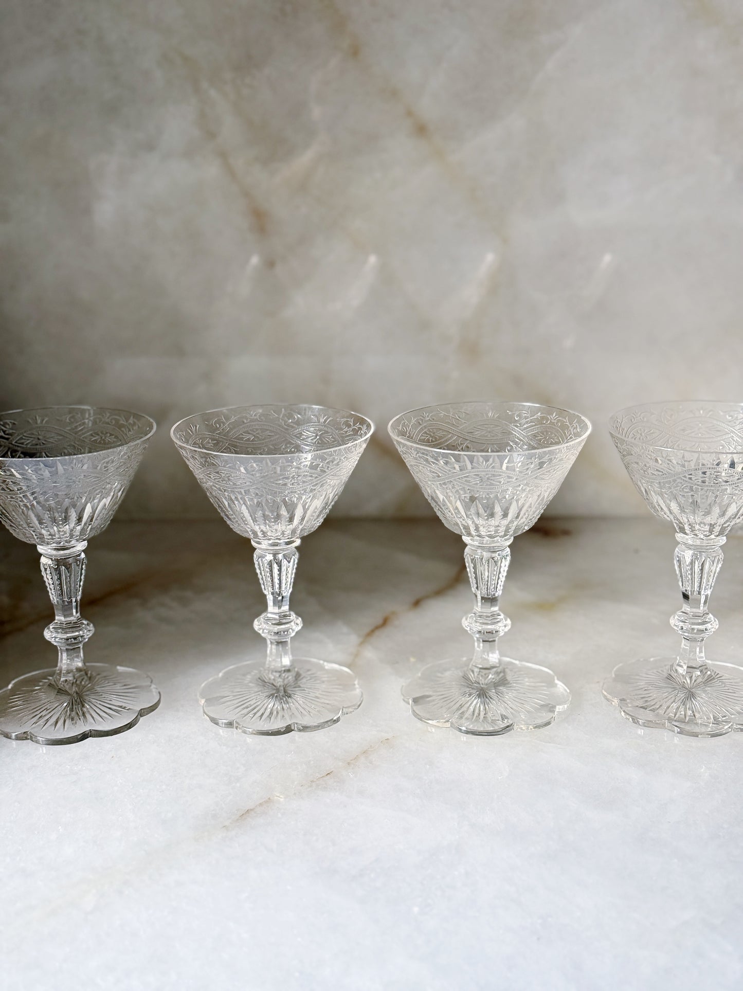 Vintage Crystal Champagne Coupes with Scalloped Trim