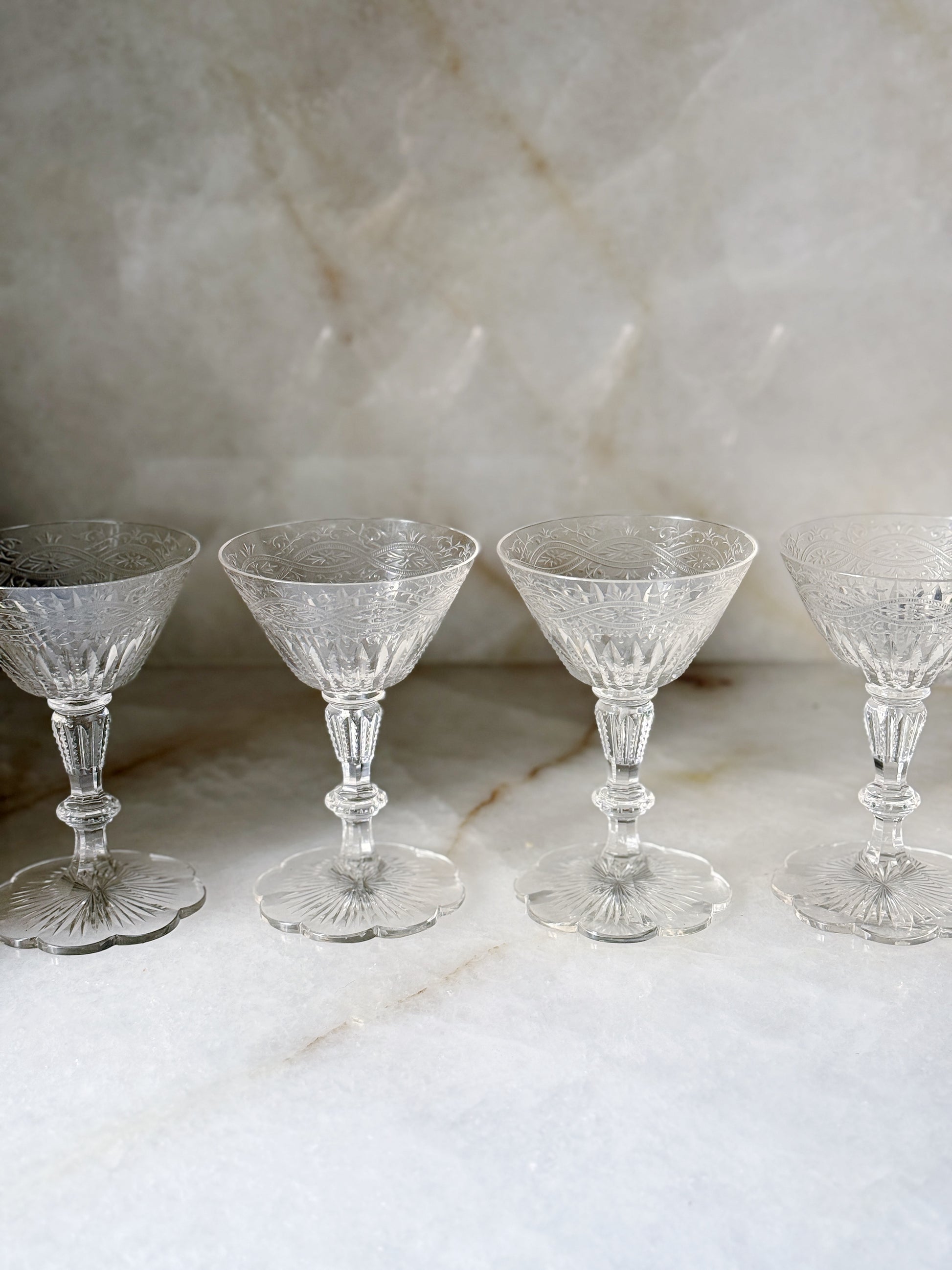 Vintage Crystal Champagne Coupes with Scalloped Trim