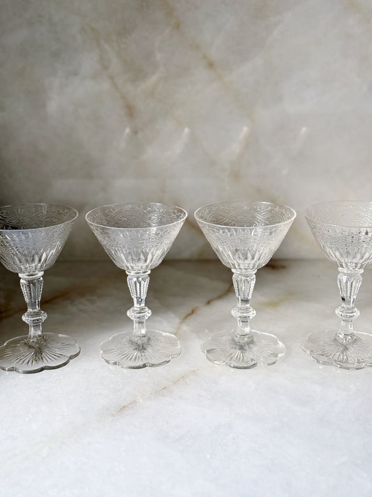 Vintage Crystal Champagne Coupes with Scalloped Trim