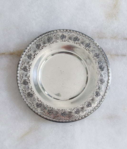 Vintage Silver Plate Pierced Floral Serving Tray | Decorative Round Tray