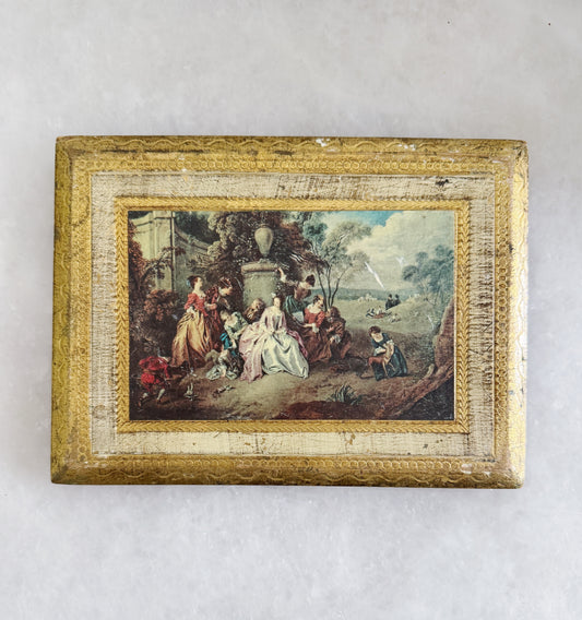 Vintage Italian Florentine Gilt Wall Plaque with Romantic Garden Scene