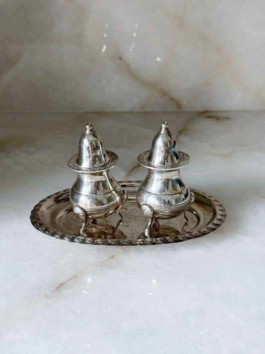 Vintage Silver Salt & Pepper Shaker Set with Tray & Original Box