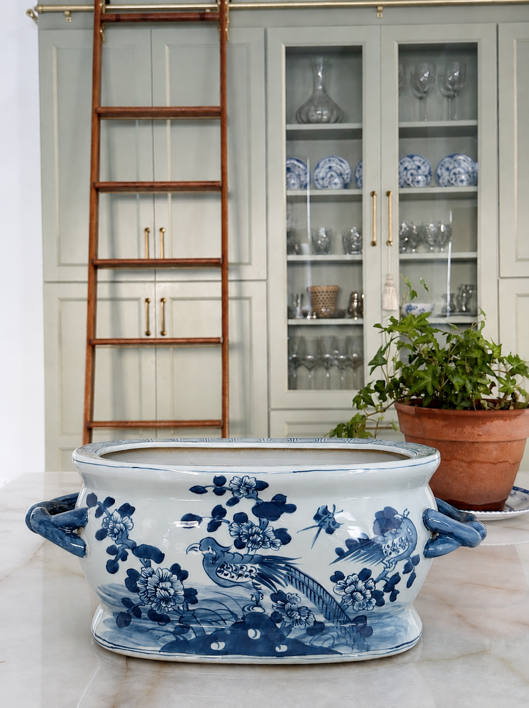 Blue & White Bird & Flower Porcelain Jardinière Planter