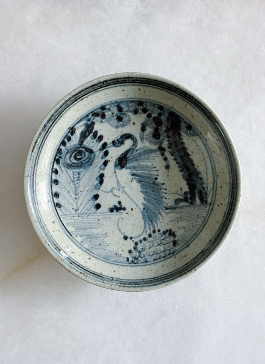 Hand-Painted Blue & White Crane Porcelain Dish | Chinoiserie Decorative Accent