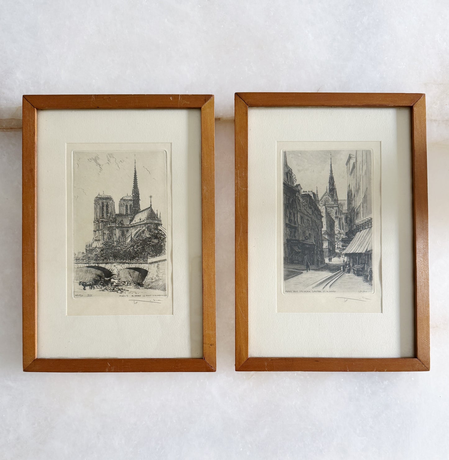 Pair of Vintage Paris Architectural Etchings in Wood Frames
