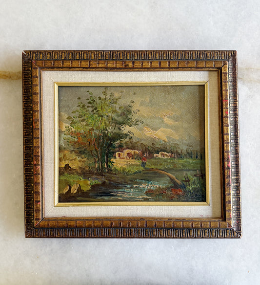 Vintage Framed Mid-Century Oil Painting - River Landscape Scene