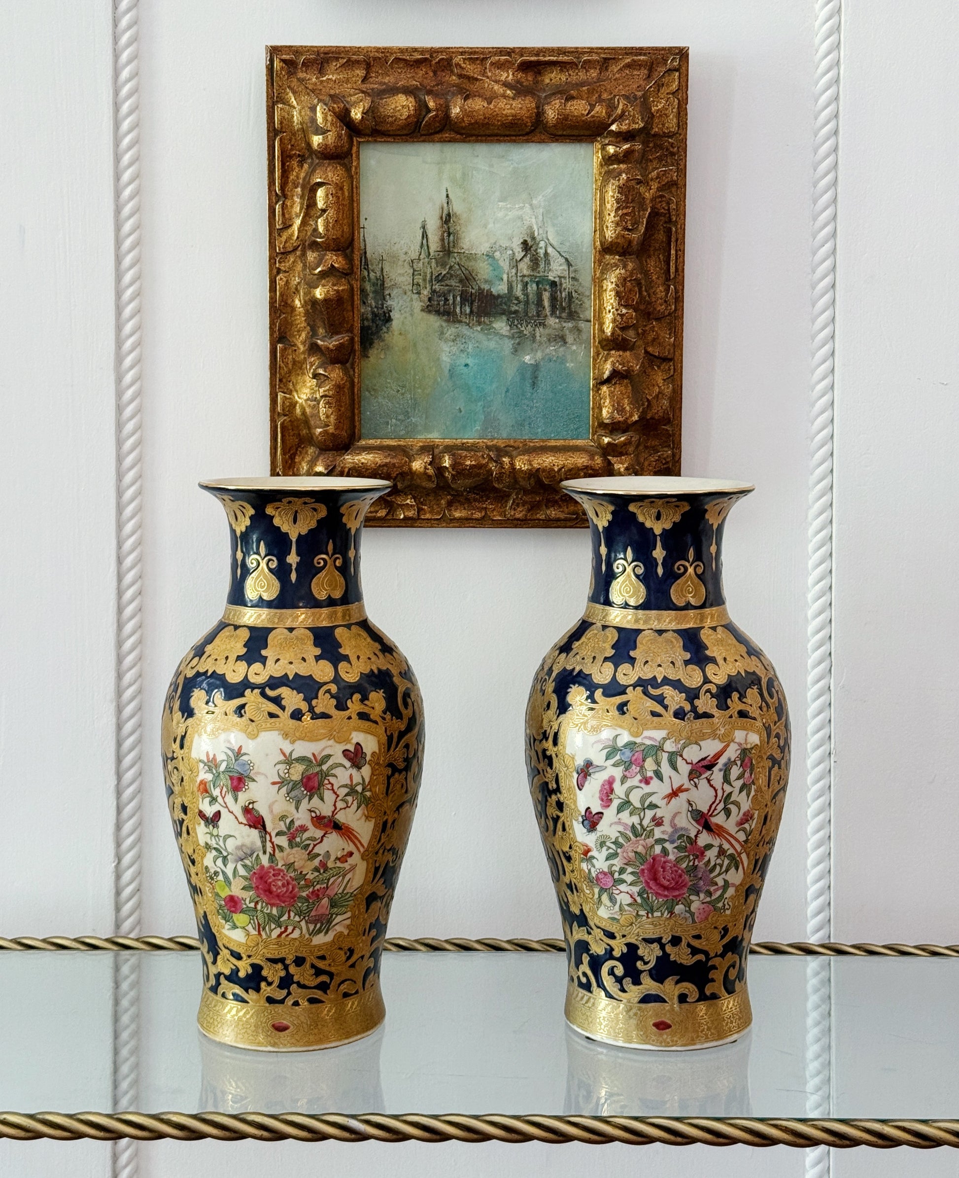 Pair of Vintage Cobalt Blue & Gold Porcelain Vase with Birds & Floral Panels