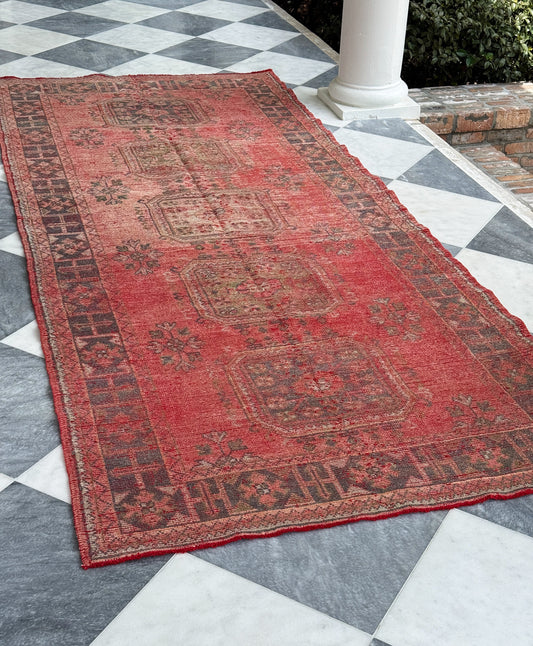 Vintage Turkish Oushak Area Rug | Brick Red | 4.1 x 11.6