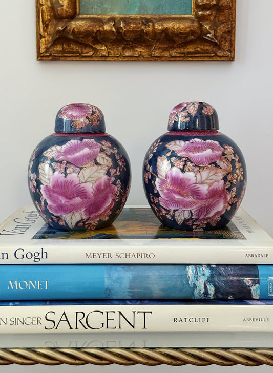 Vintage Cloisonné Style Ginger Jar Pair in Cobalt & Pink Floral