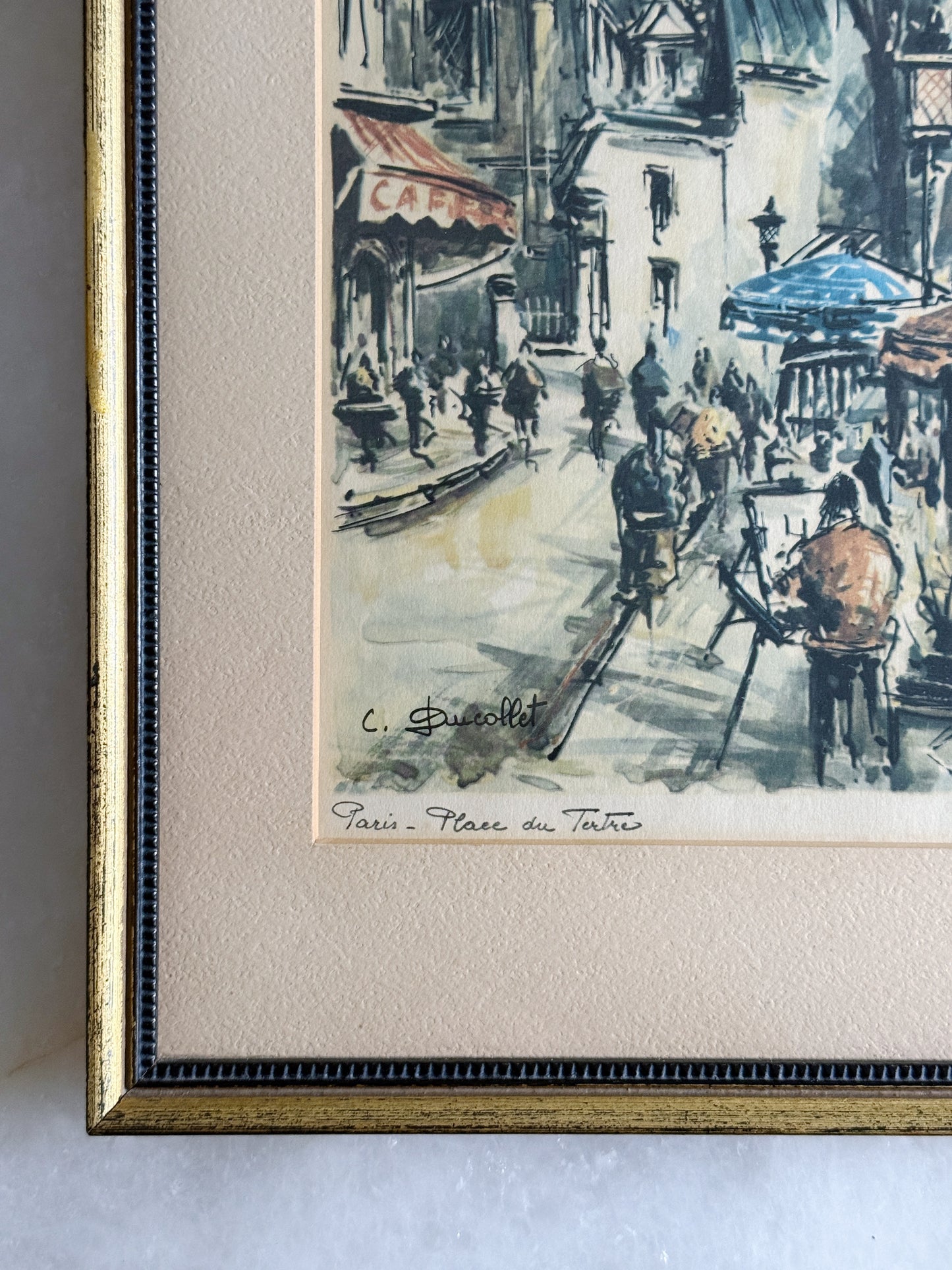 Vintage Framed Paris Street Scene Print | Place du Tertre, Montmartre
