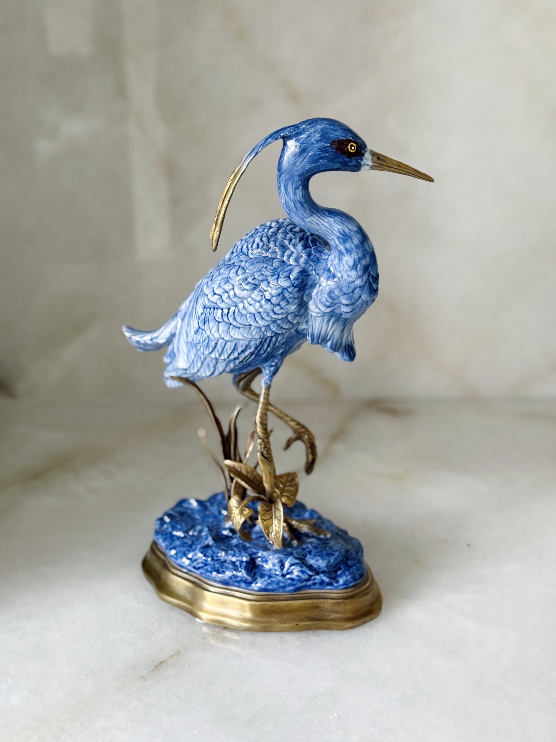 Hand-Painted Blue and White Heron Porcelain Sculpture with Bronze Ormolu Base