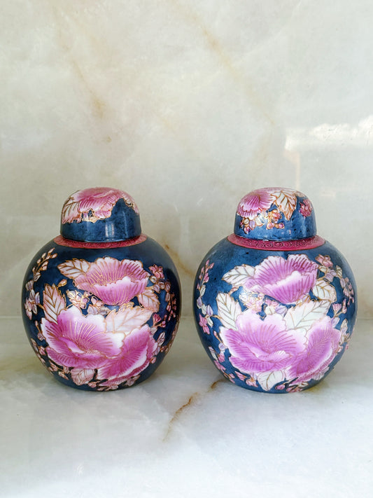 Vintage Cloisonné Style Ginger Jar Pair in Cobalt & Pink Floral