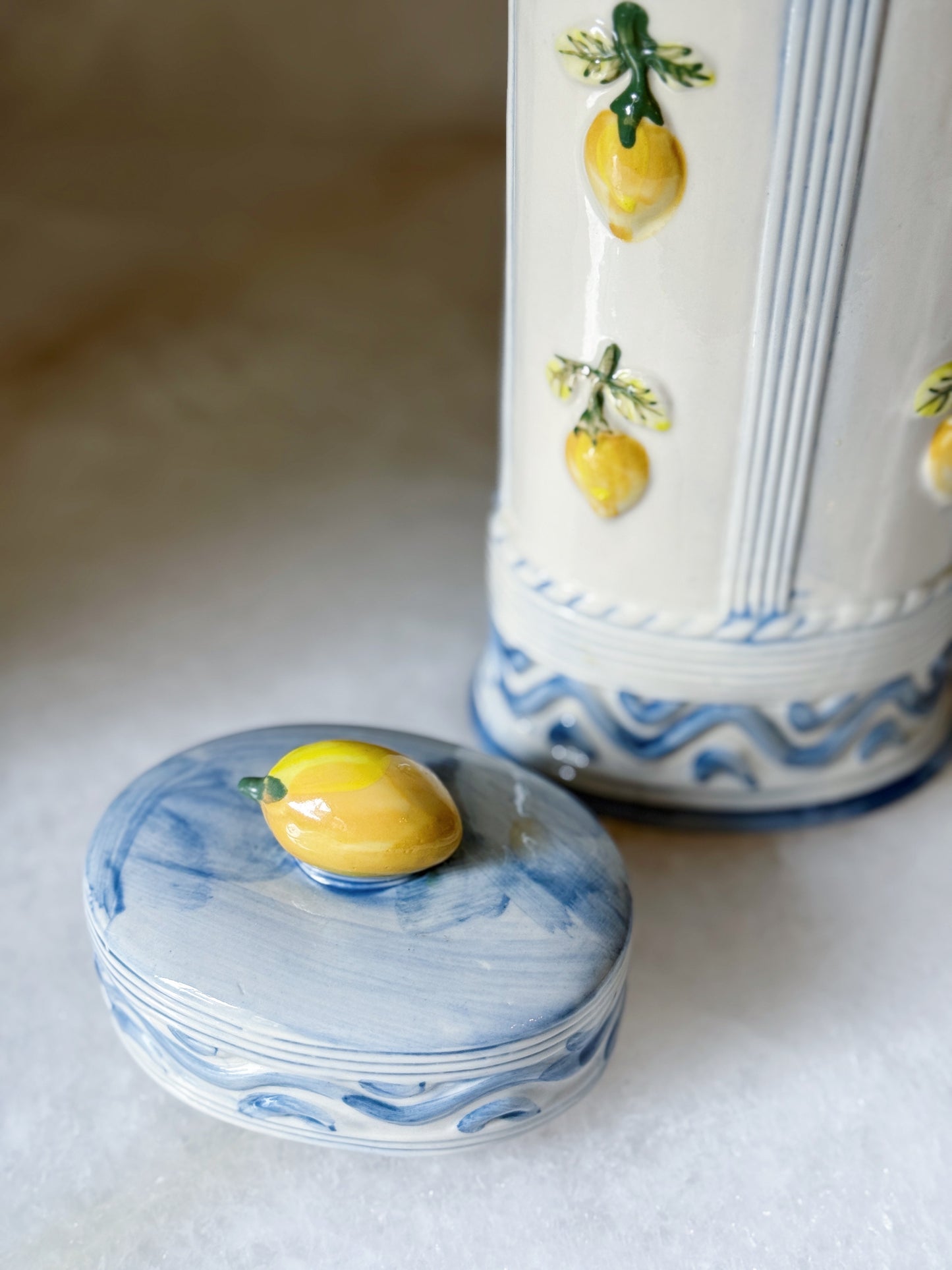 Vintage Hand Painted Blue & White Canister with Lemons