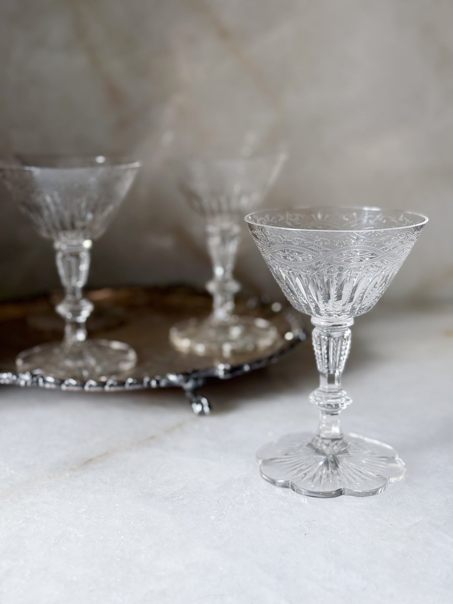 Vintage Crystal Champagne Coupes with Scalloped Trim