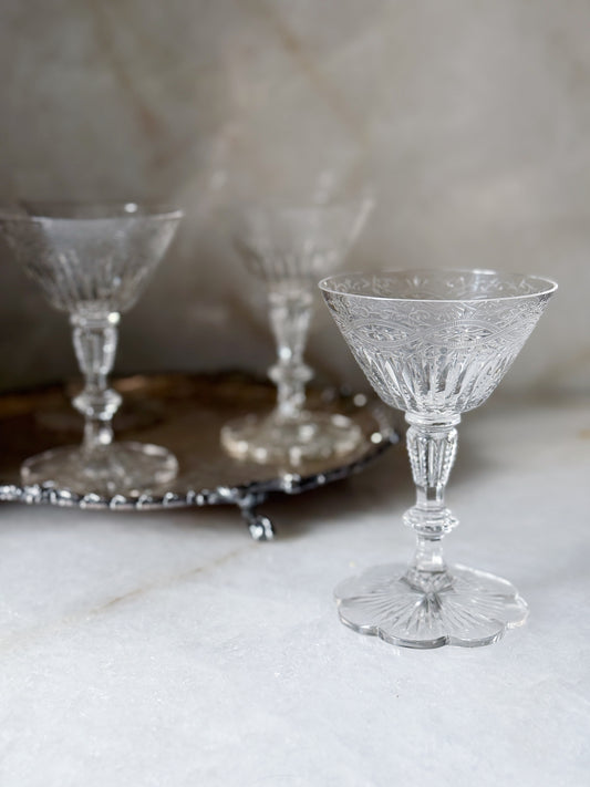Vintage Crystal Champagne Coupes with Scalloped Trim