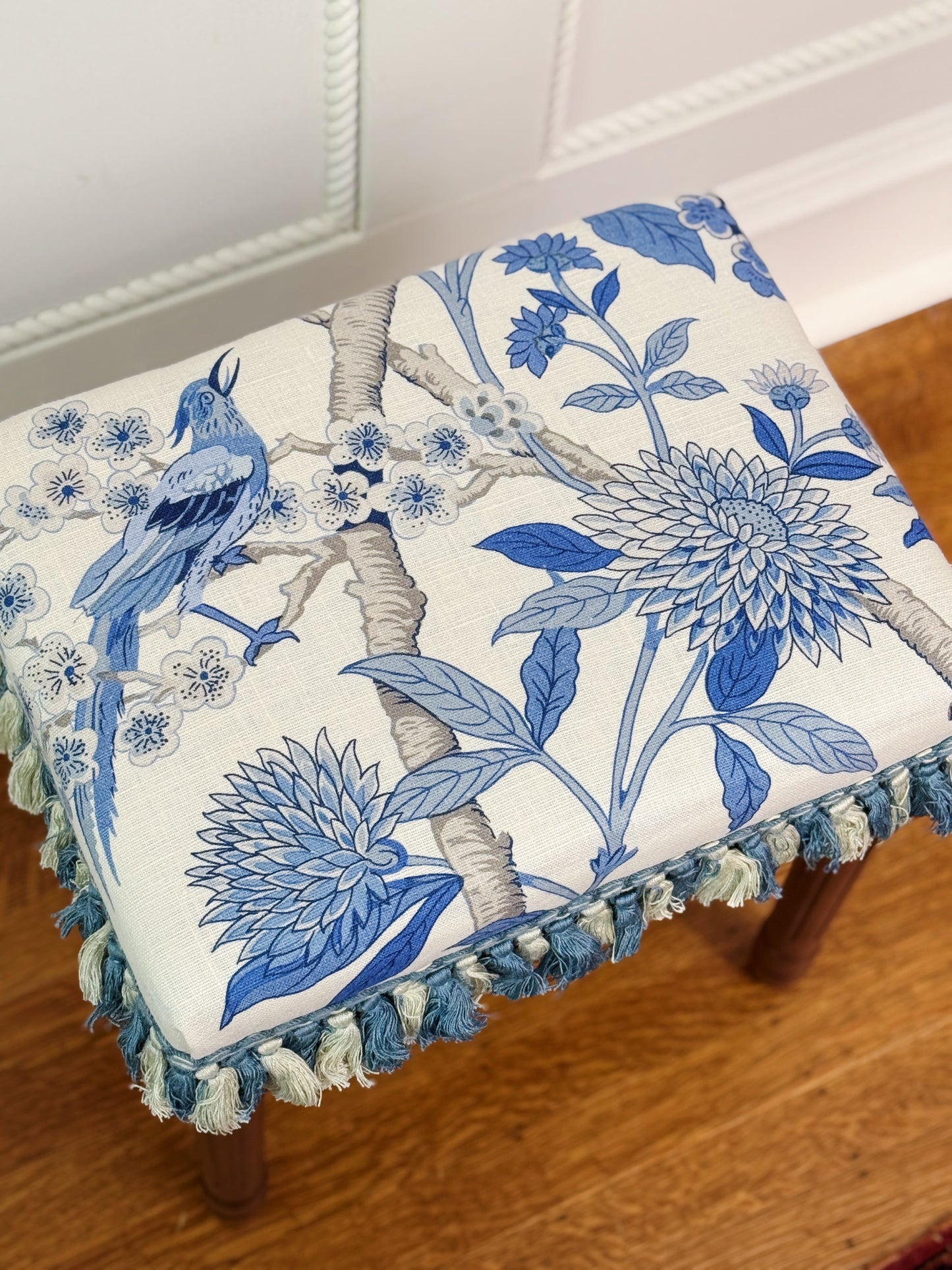Upholstered Vanity Bench - GP & J Baker Hydrangea Bird in Blue