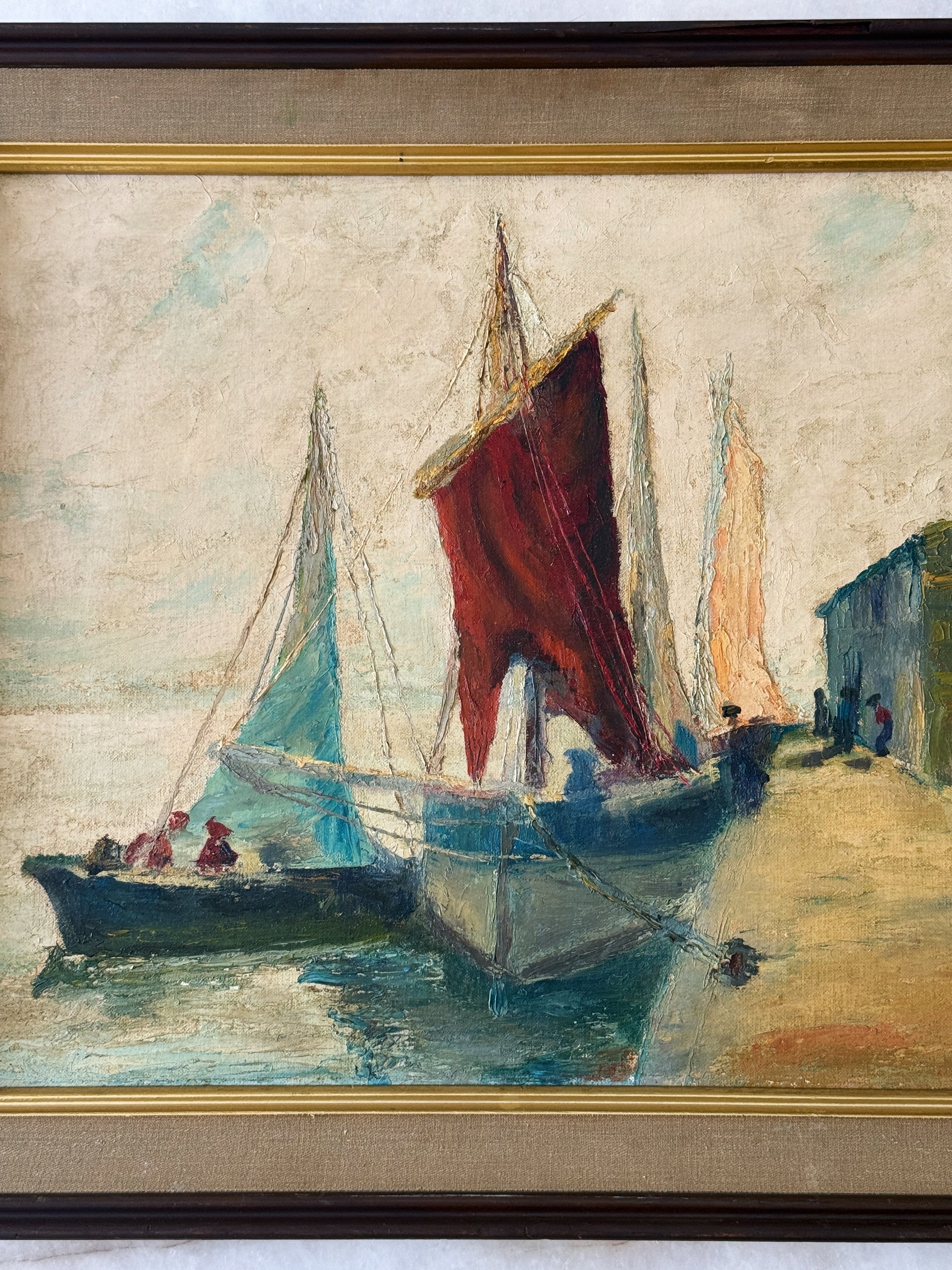 Vintage European Harbor Oil Painting in Wood & Linen Frame | Textured Coastal Seascape