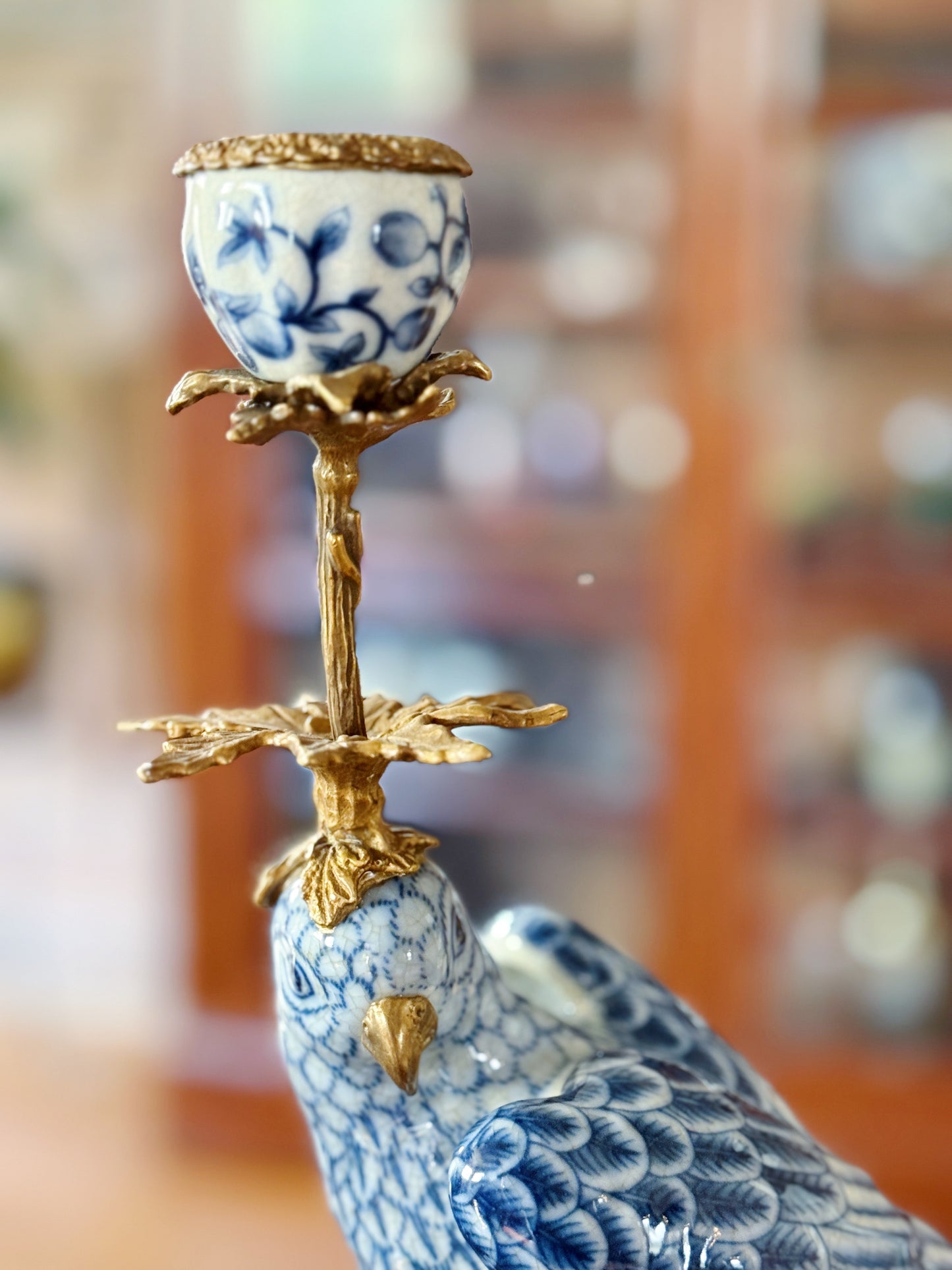 Blue & White Hand Painted Bronze Ormolu Parrot Candle Holders