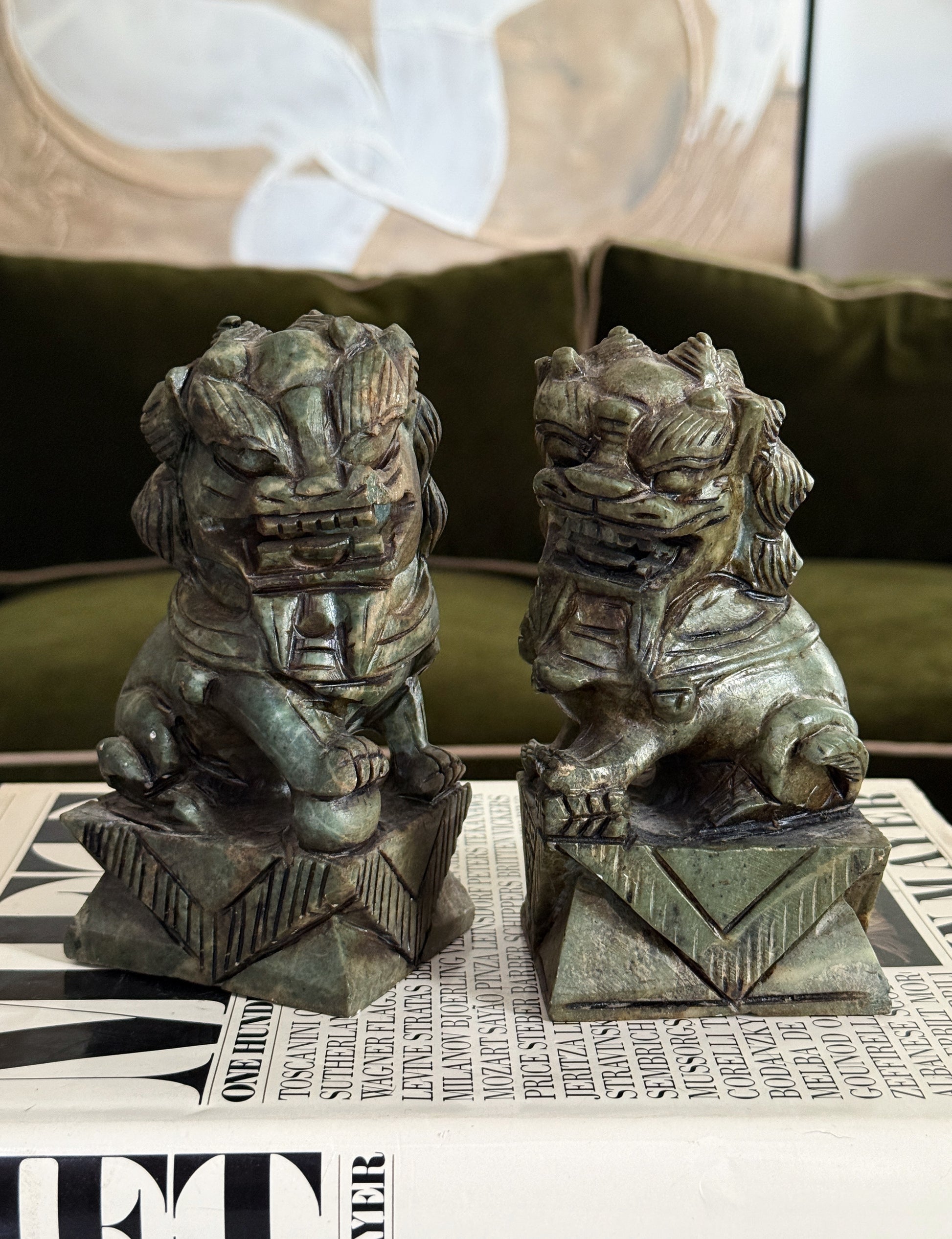 Vintage Hand Carved Jade Foo Dog Pair