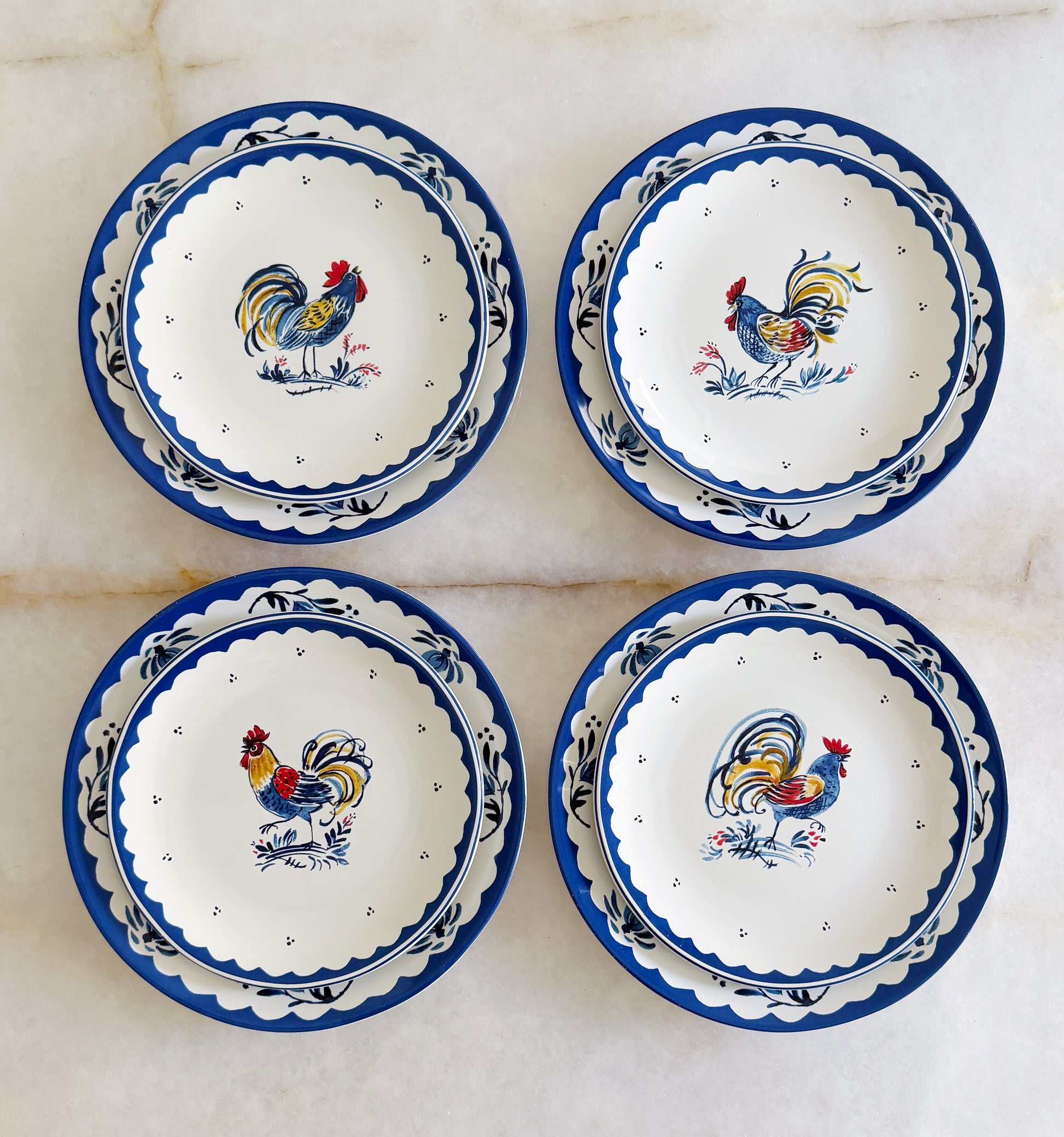 French Rooster Dinner Plates and salad plates| Blue & White French Kitchen Tableware Set