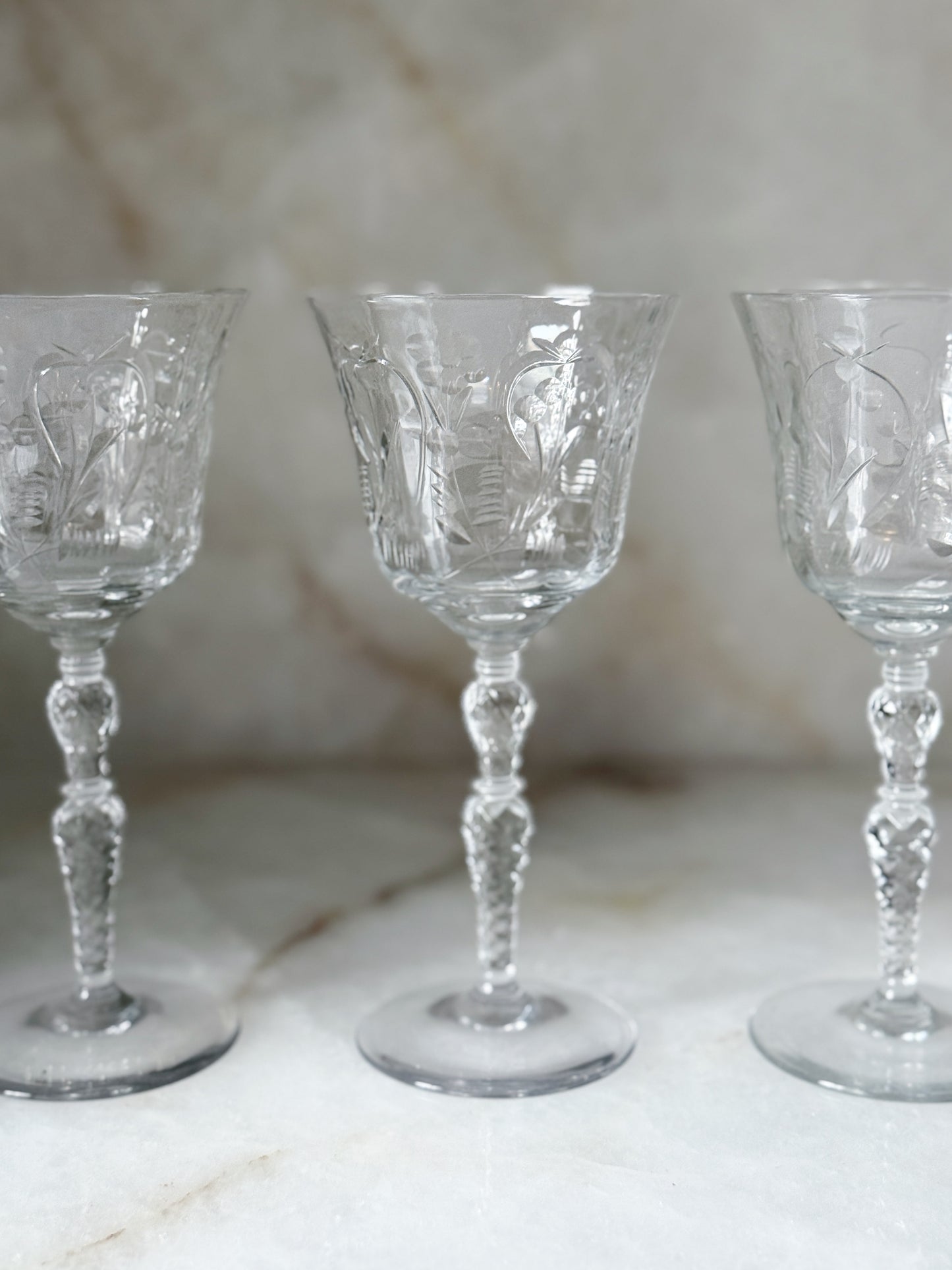 Vintage Crystal Etched Wine Glasses 