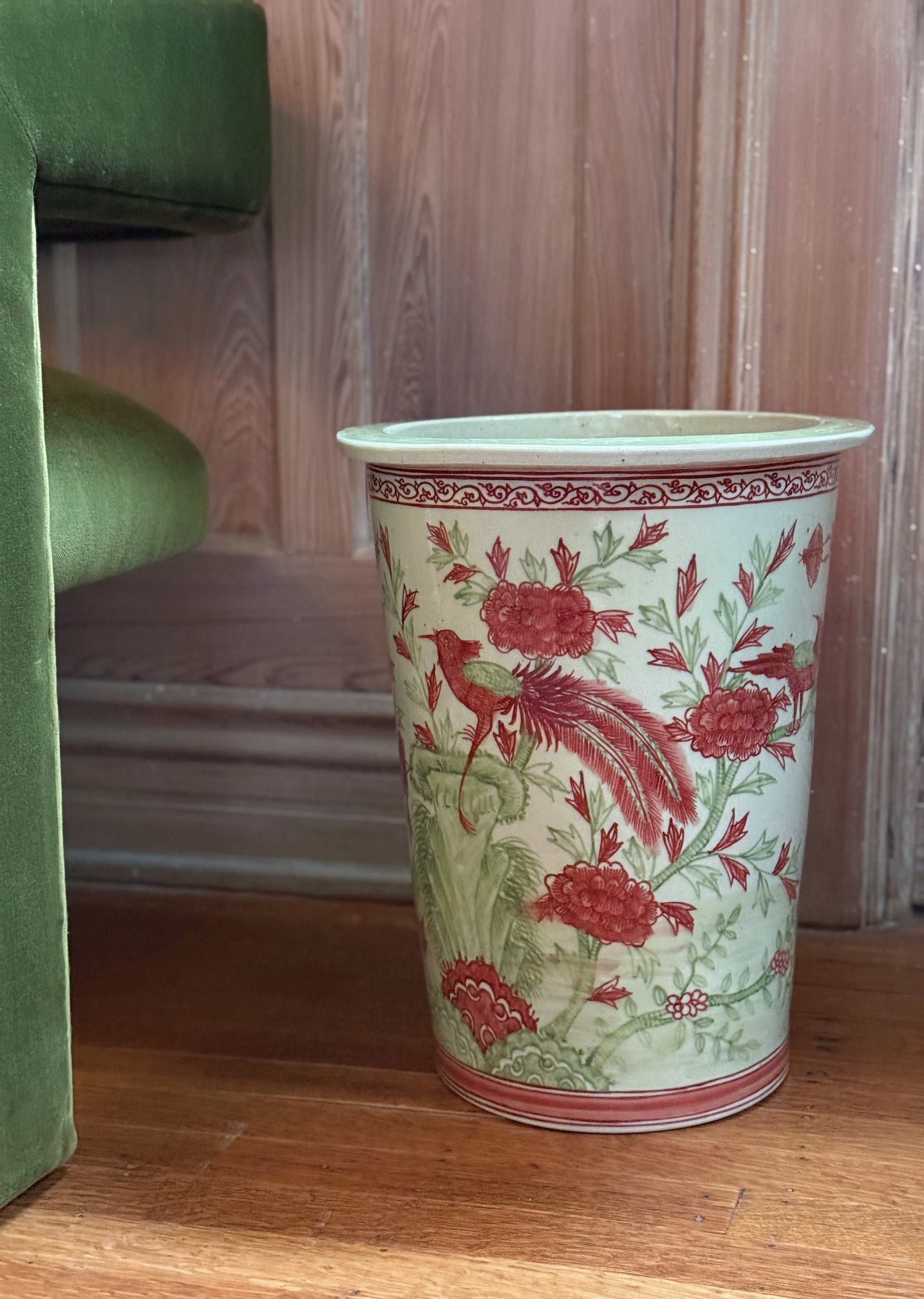 Coral & Green Chinoiserie Porcelain Umbrella Stand with Bird & Floral Motif