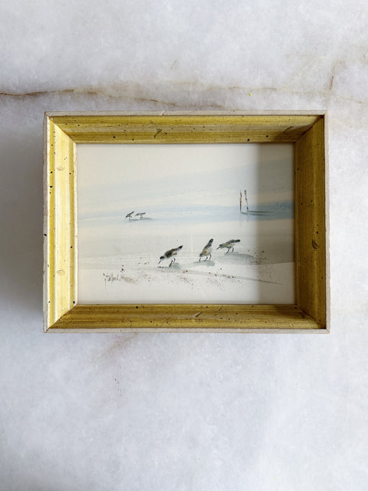 Vintage Framed Watercolor Painting -  Birds Along the Beach