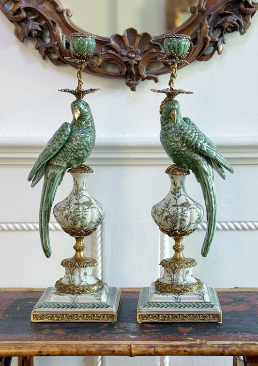 Sage Verdant Green & White Hand Painted Bronze Ormolu Parrot Candle Holders