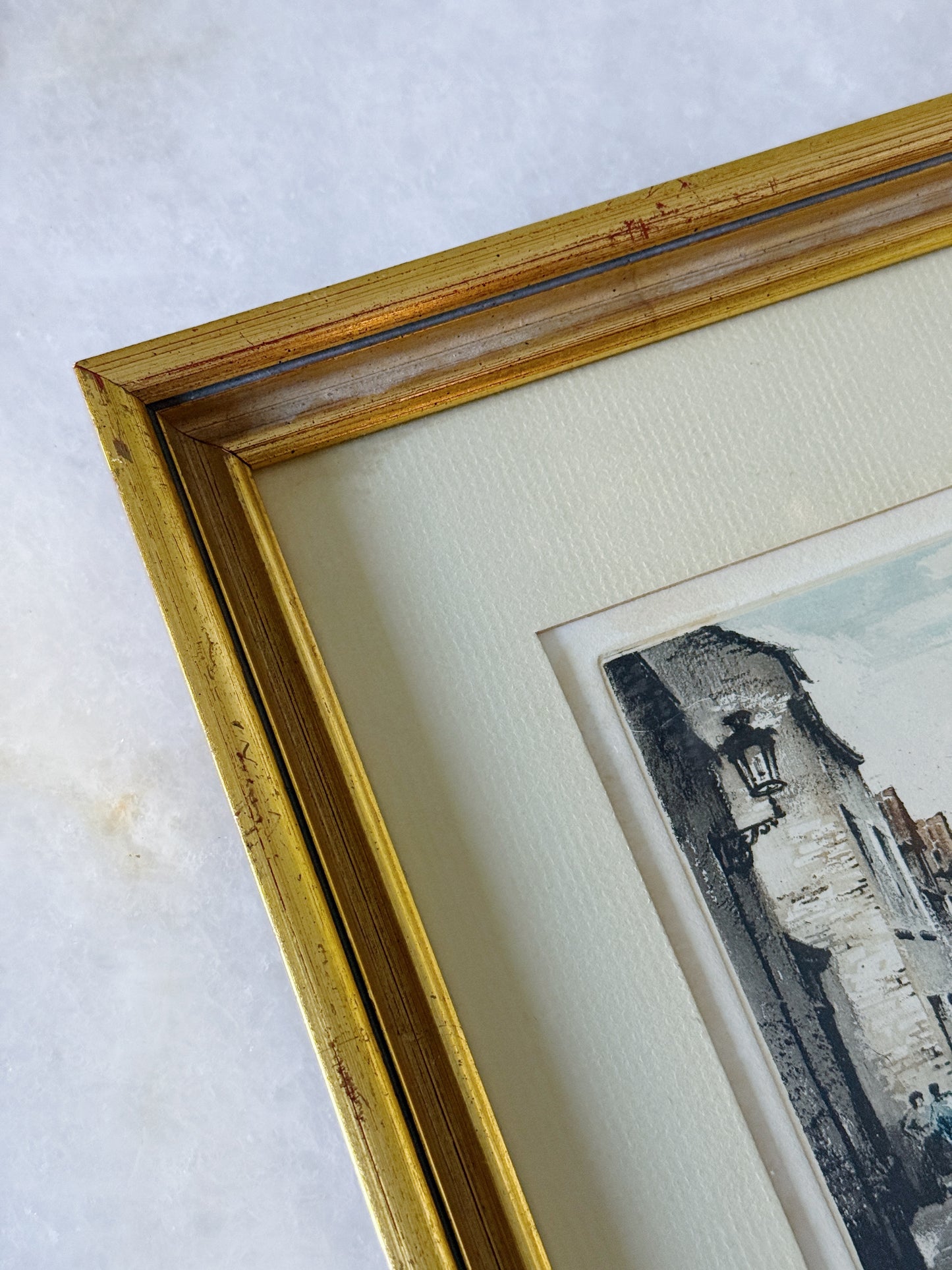 Vintage Framed European Street Scene Etching | Gilt Wood Wall Art