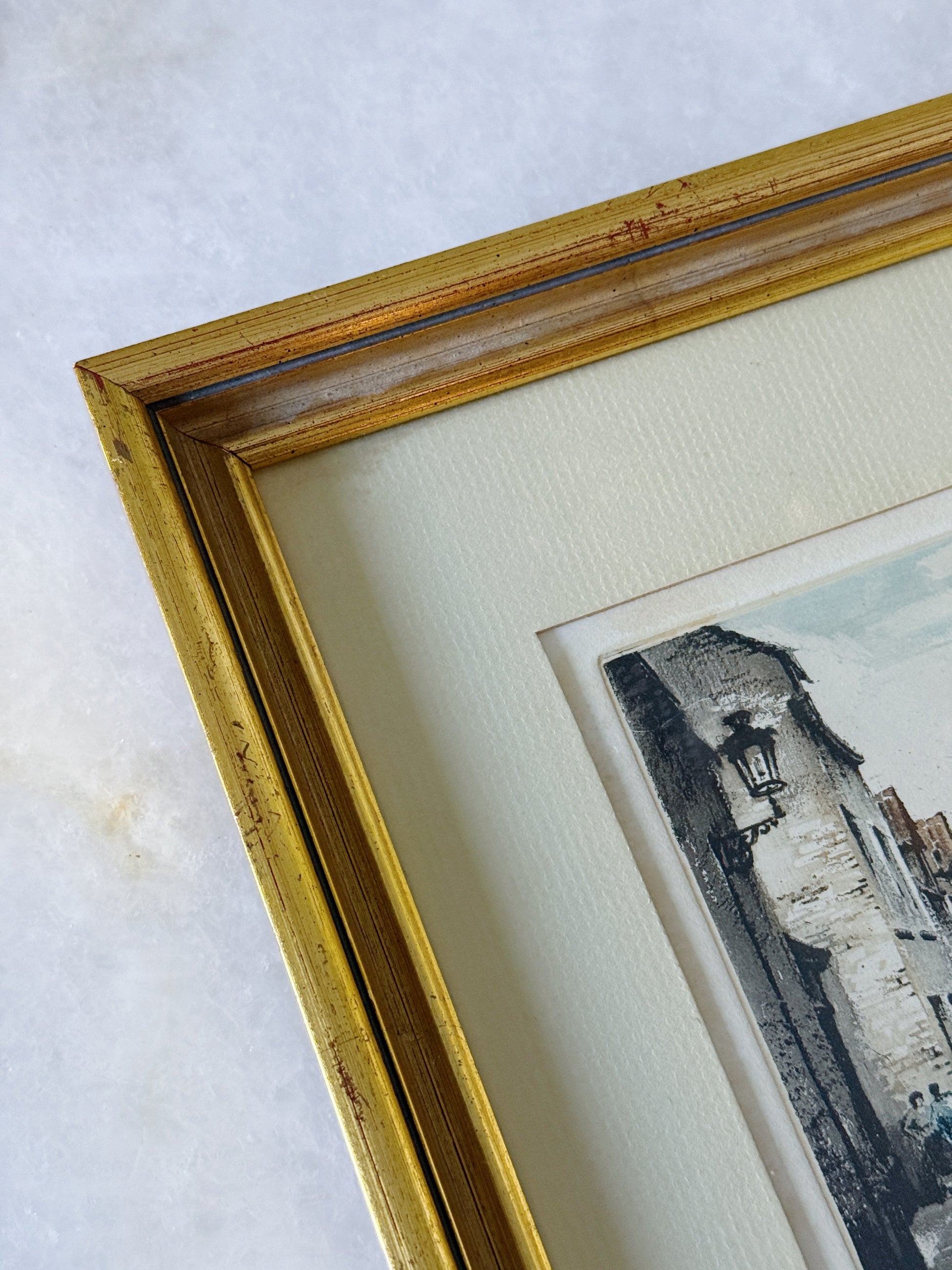 Vintage Framed European Street Scene Etching | Gilt Wood Wall Art