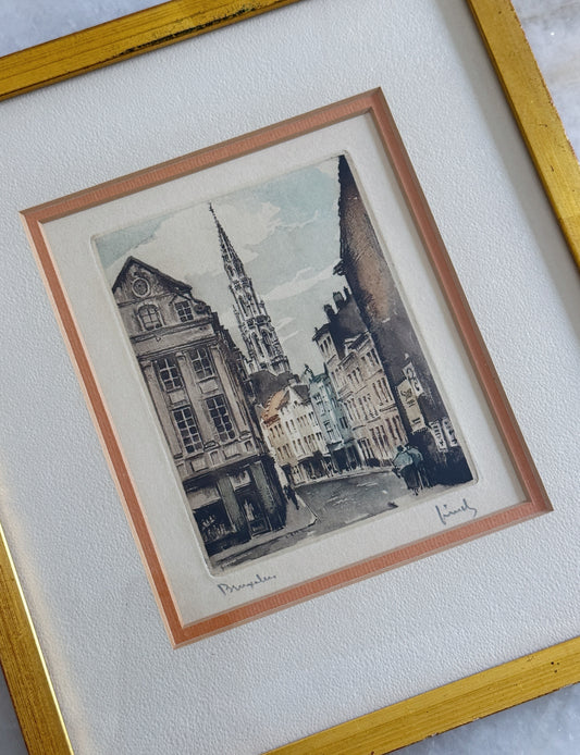 Vintage Framed Hand-Colored Etching of Brussels | European Architectural Wall Art