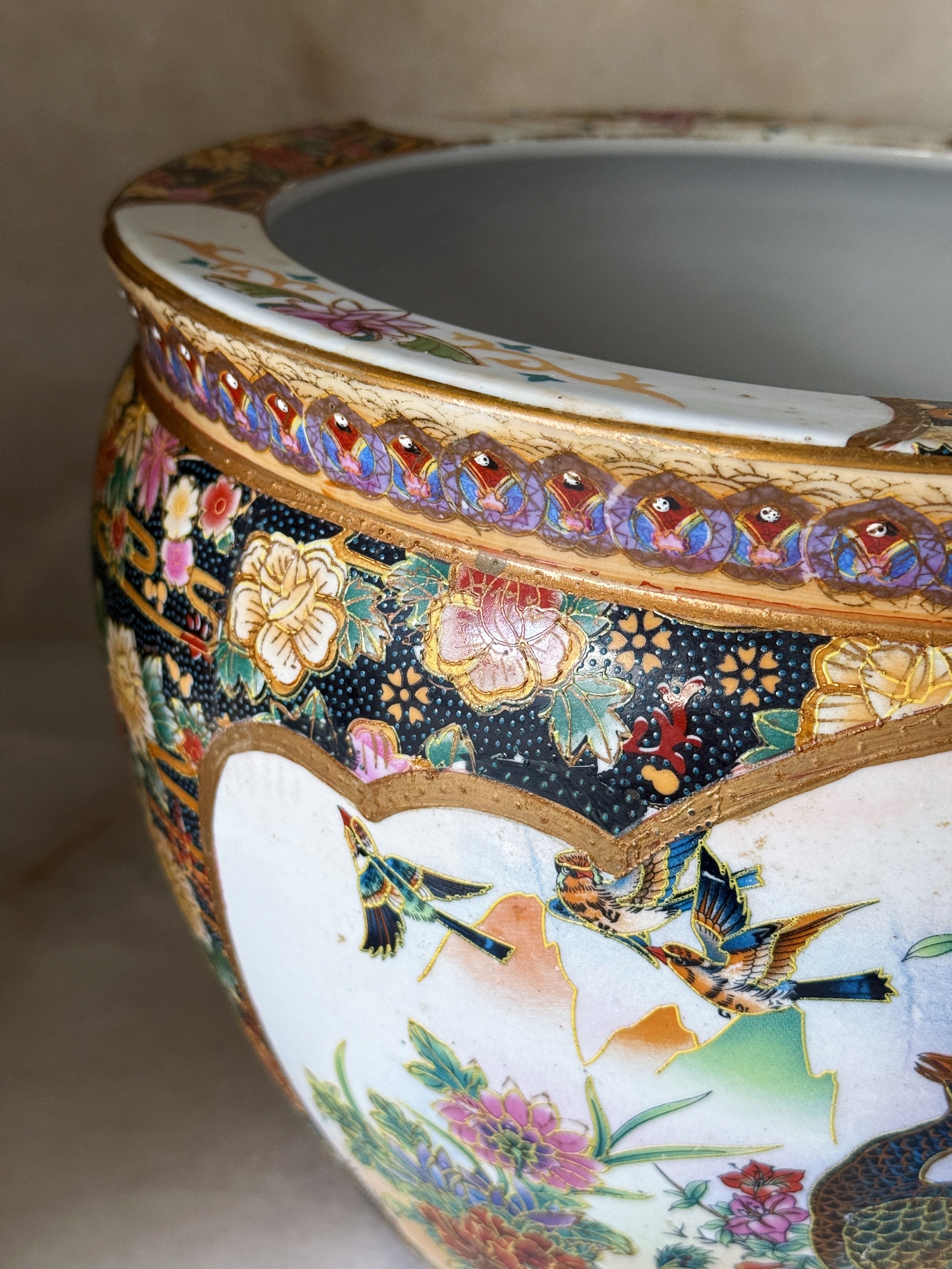 Vintage Hand Painted Peacock & Floral Porcelain Fishbowl
