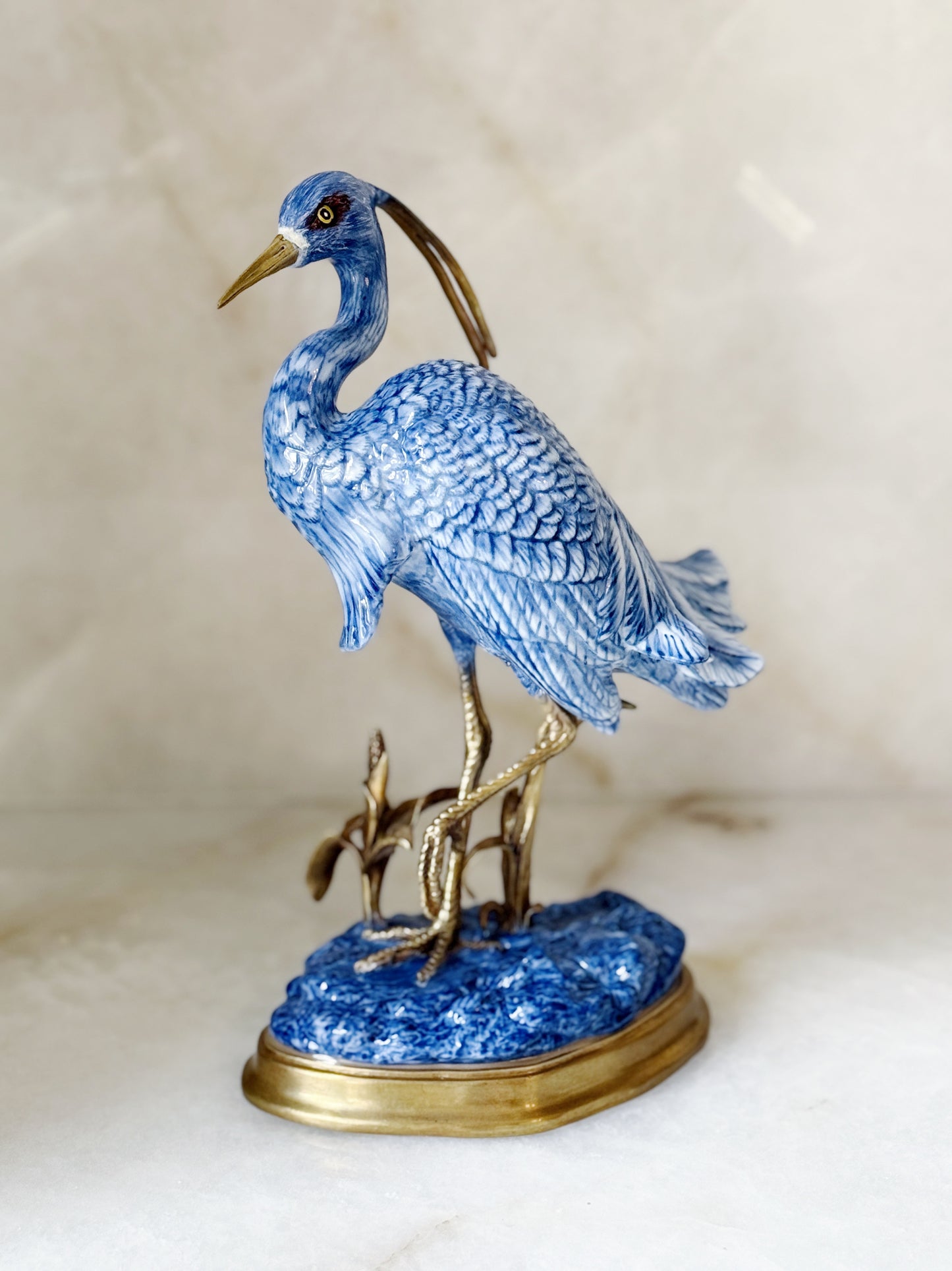 Hand Painted Blue & White Heron Figurine with Bronze Ormolu