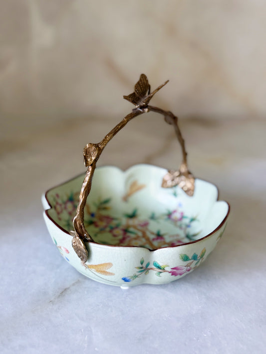 Chinoiserie Porcelain Floral Bowl with Bronze Ormolu Handle & Butterfly Detail