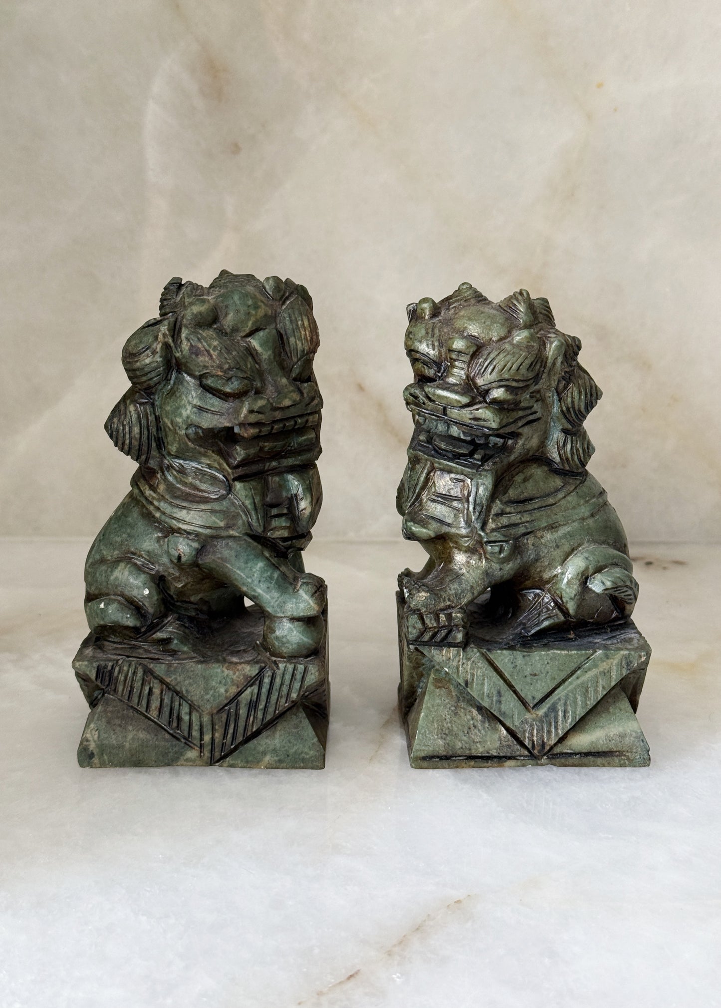 Vintage Hand Carved Jade Foo Dog Pair