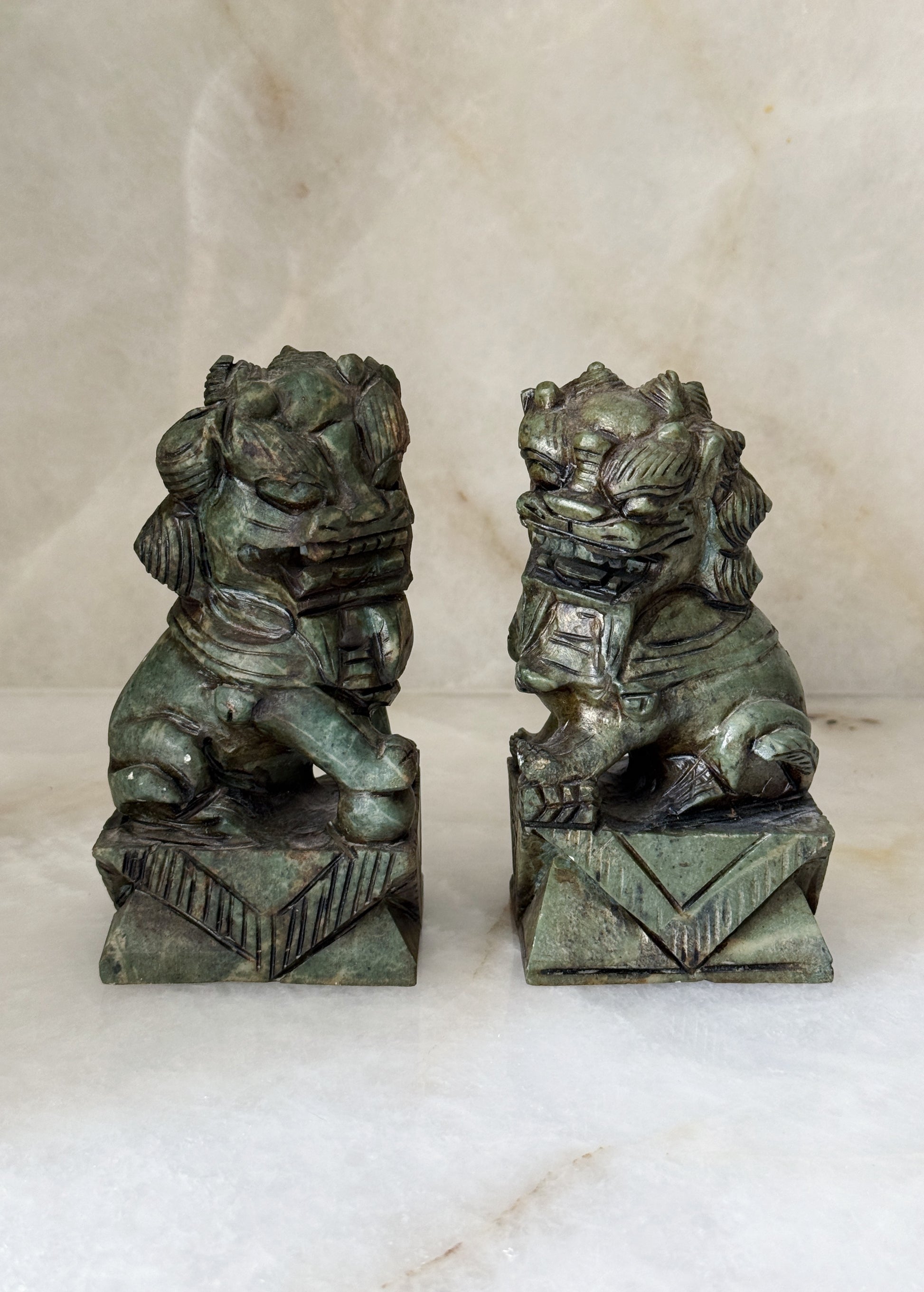 Vintage Hand Carved Jade Foo Dog Pair