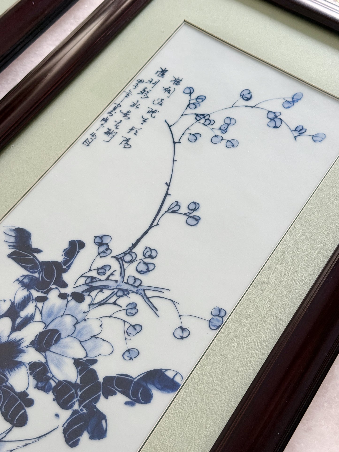 Vintage Framed Blue & White Porcelain Plaques – Pair
