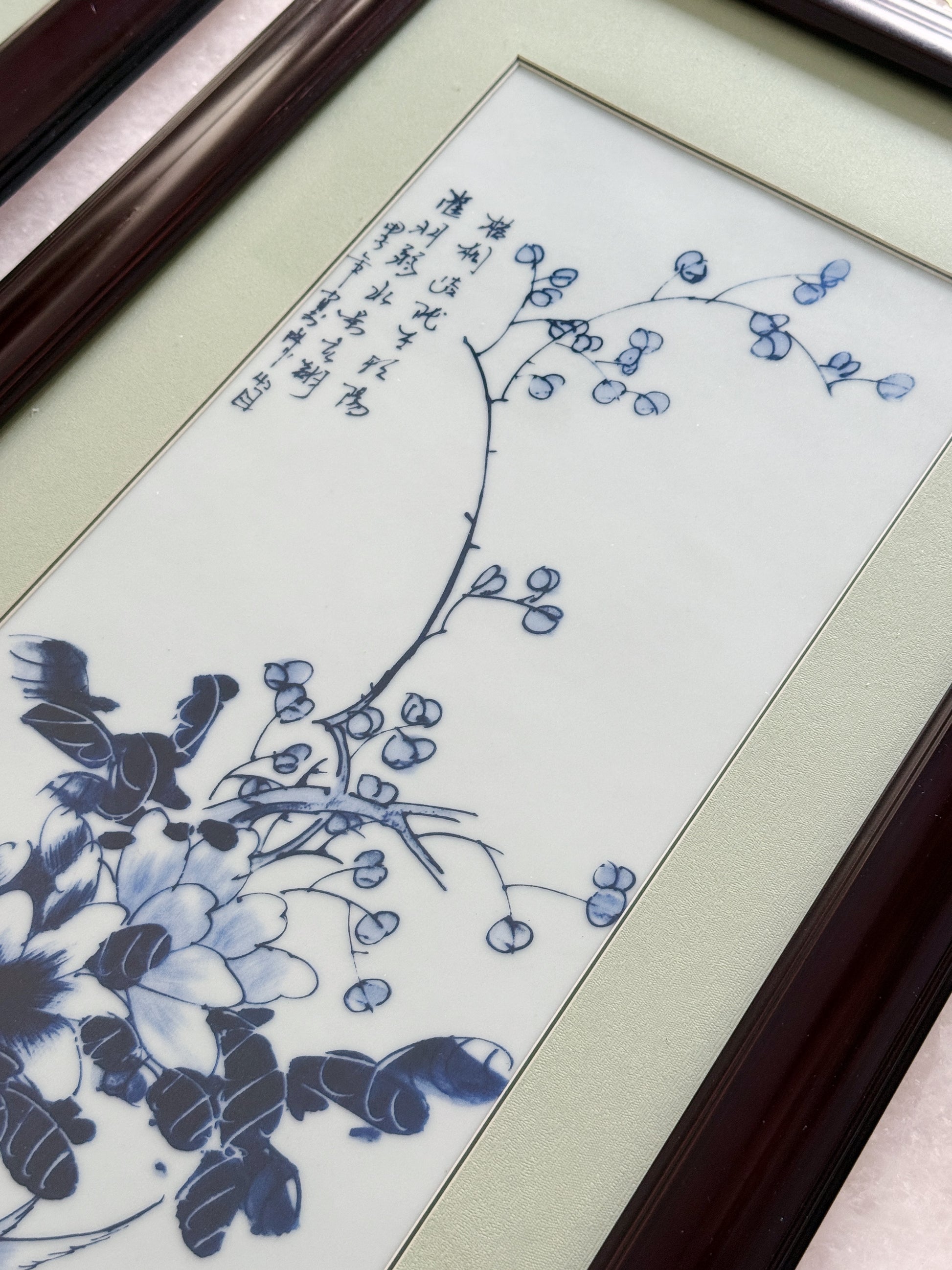 Vintage Framed Blue & White Porcelain Plaques – Pair