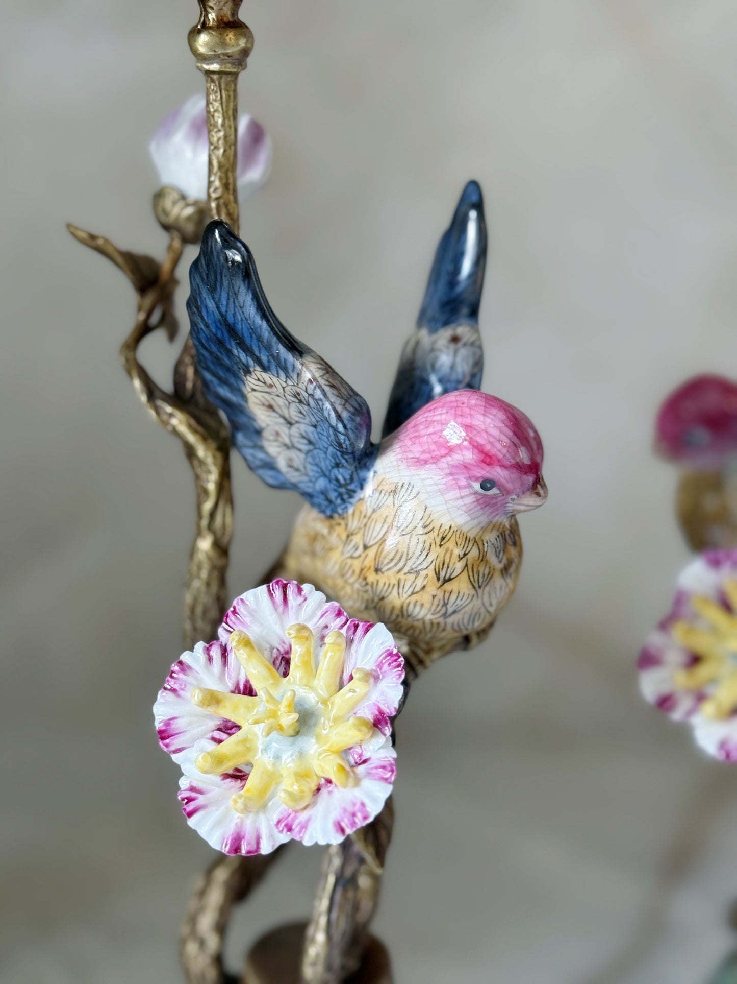 Set of Hand Painted Bird Candelabra with Bronze Ormolu