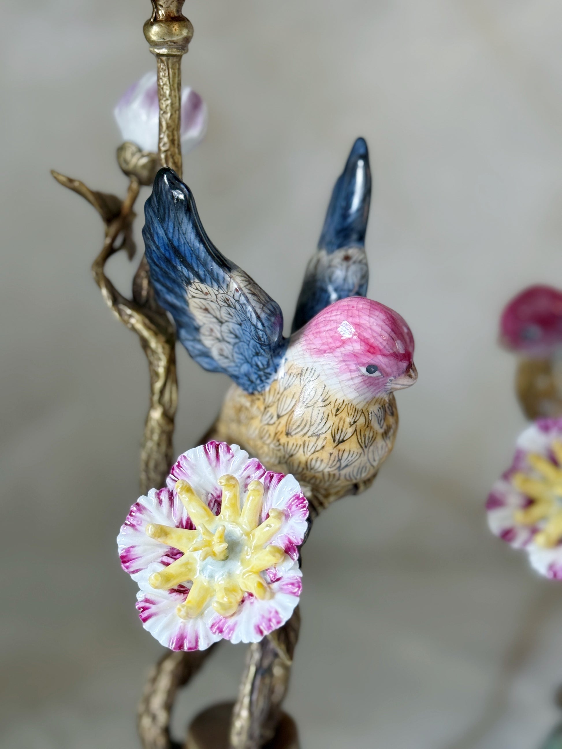 Set of Hand Painted Bird Candelabra with Bronze Ormolu