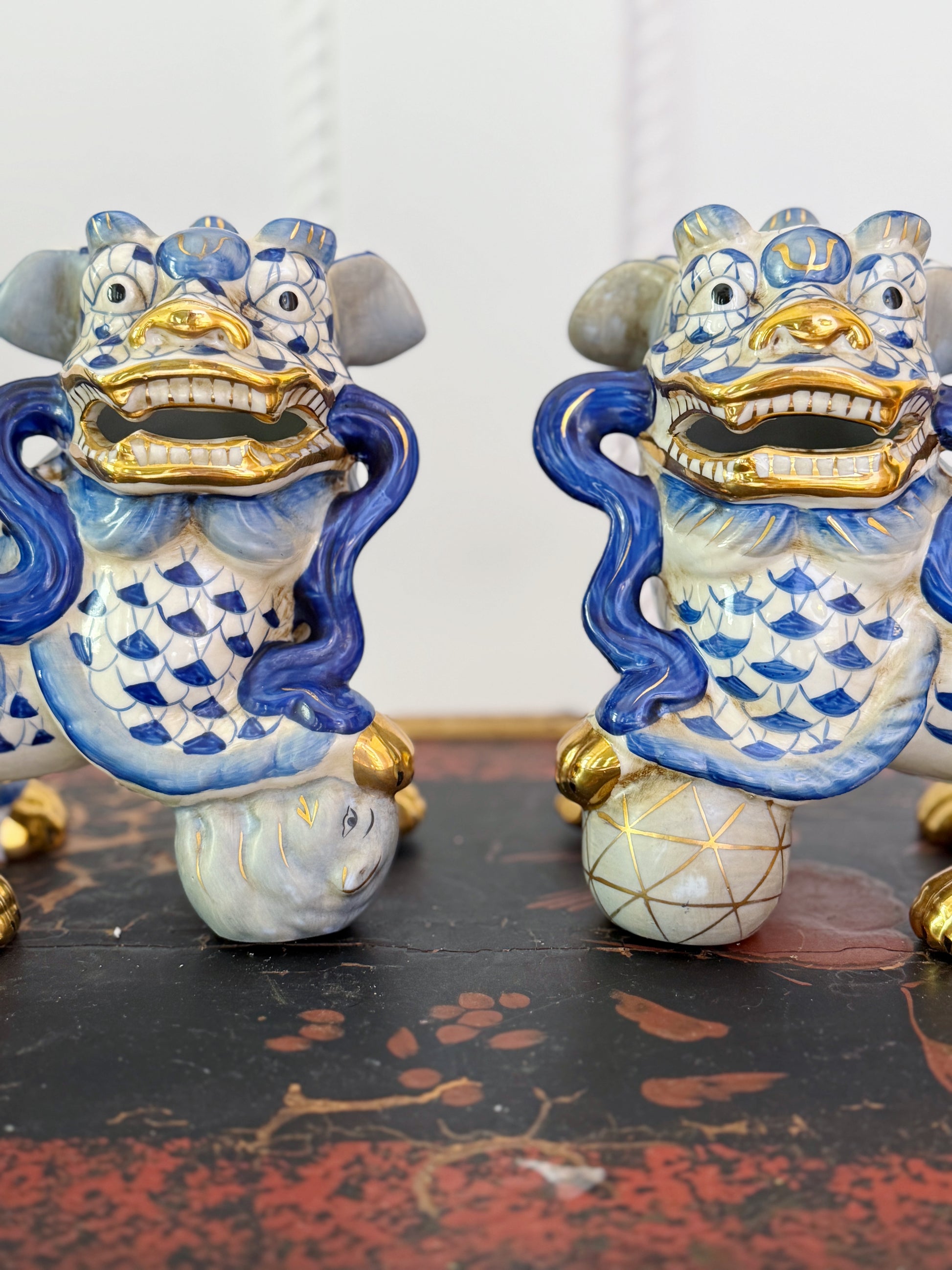 Hand Painted Blue Foo Dogs with 24k Accents
