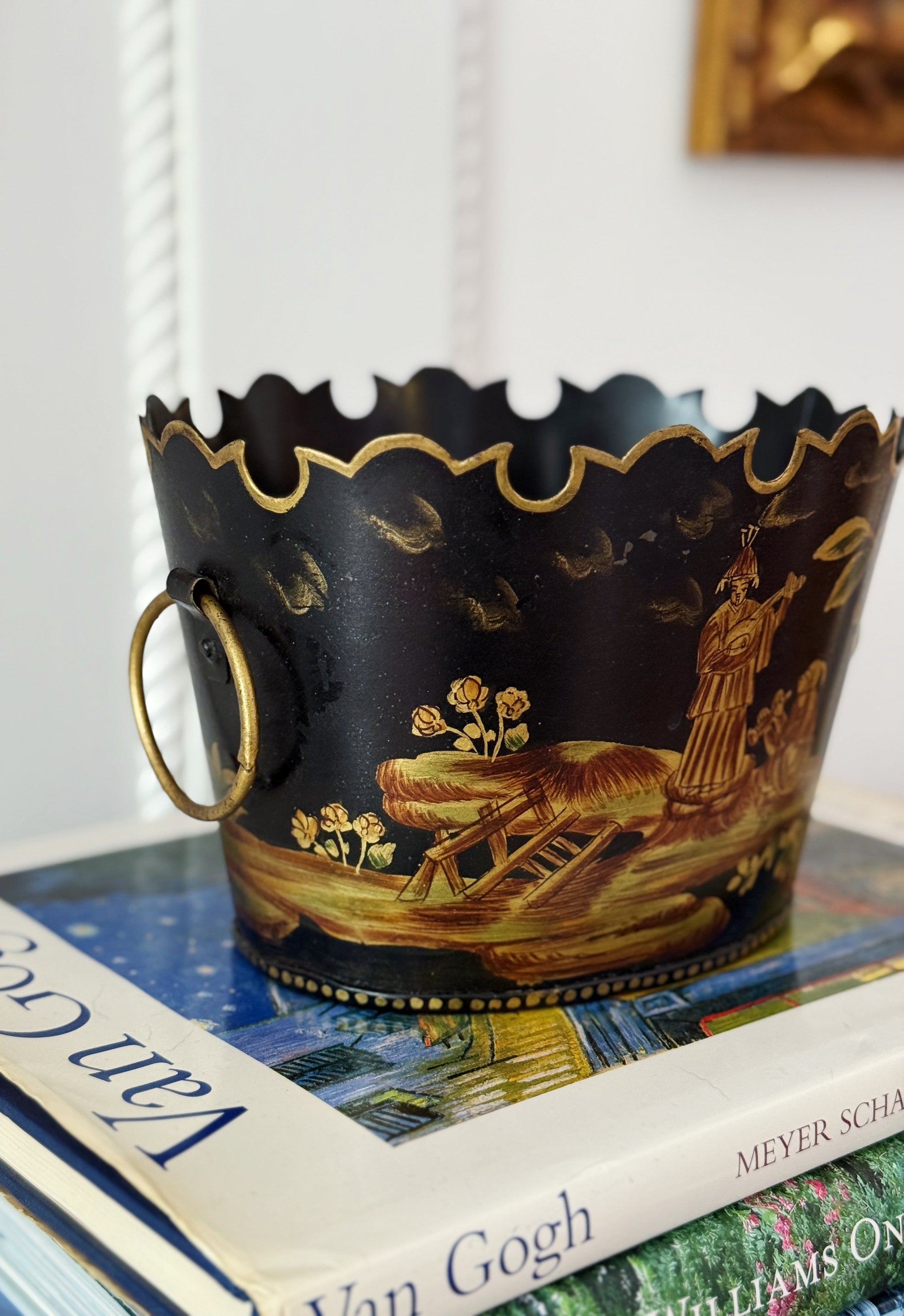 Vintage Hand-Painted Tole Planter Cachepot with Chinoiserie Scene & Scalloped Rim