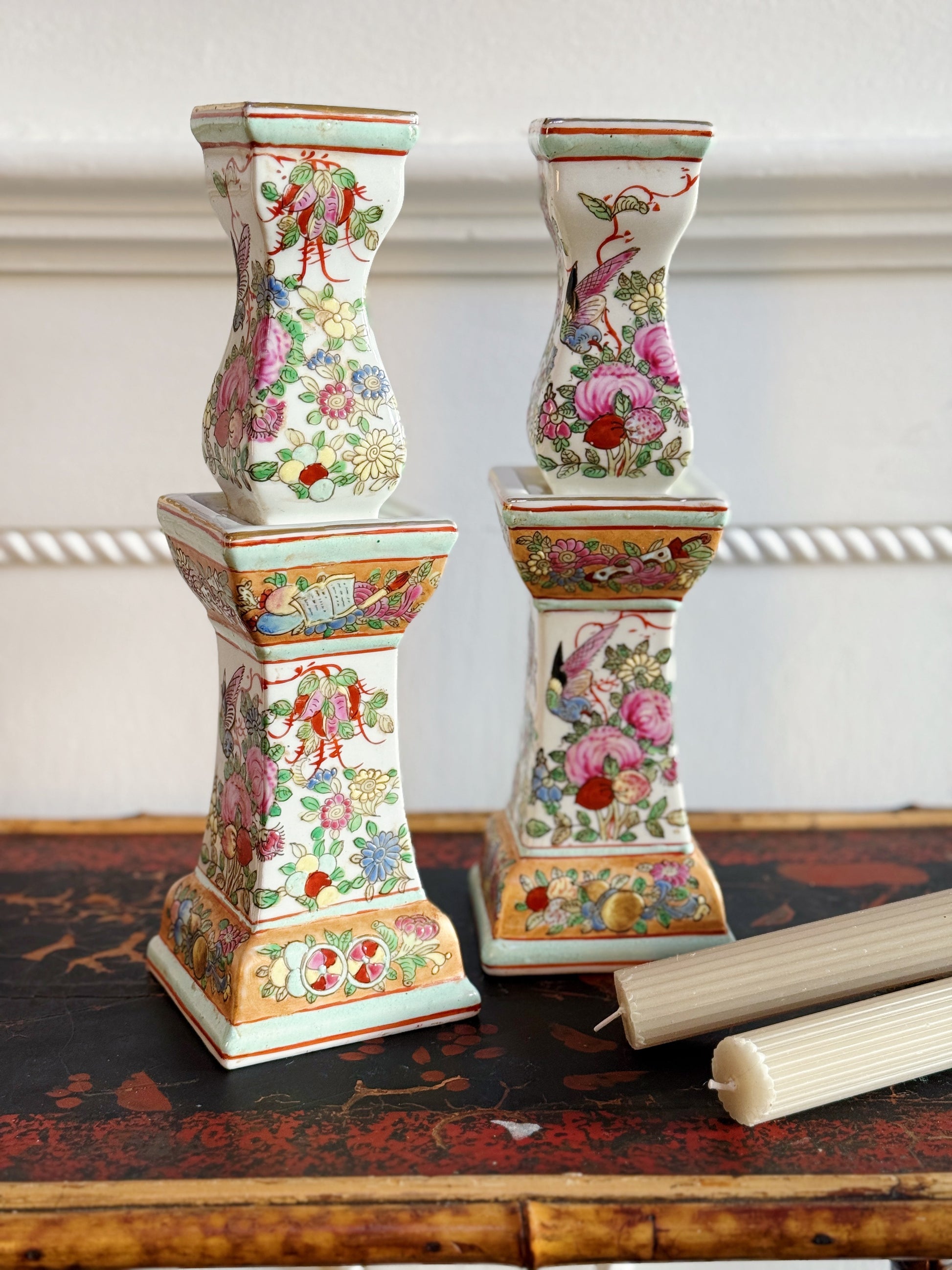 Set of Vintage Hand Painted Famille Rose Candle Holders