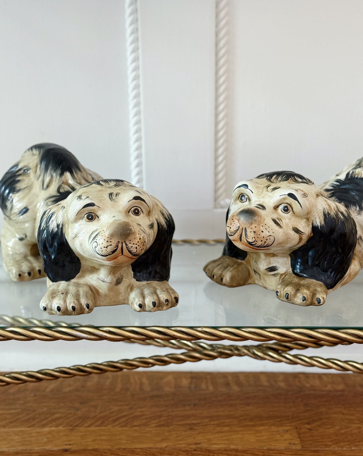 Large Hand-Painted Black & White Staffordshire Style Dogs, Pair