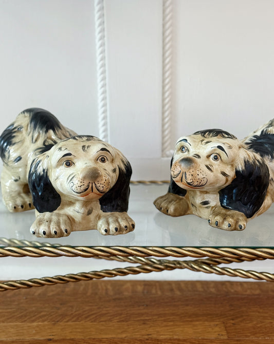 Large Hand-Painted Black & White Staffordshire Style Dogs, Pair