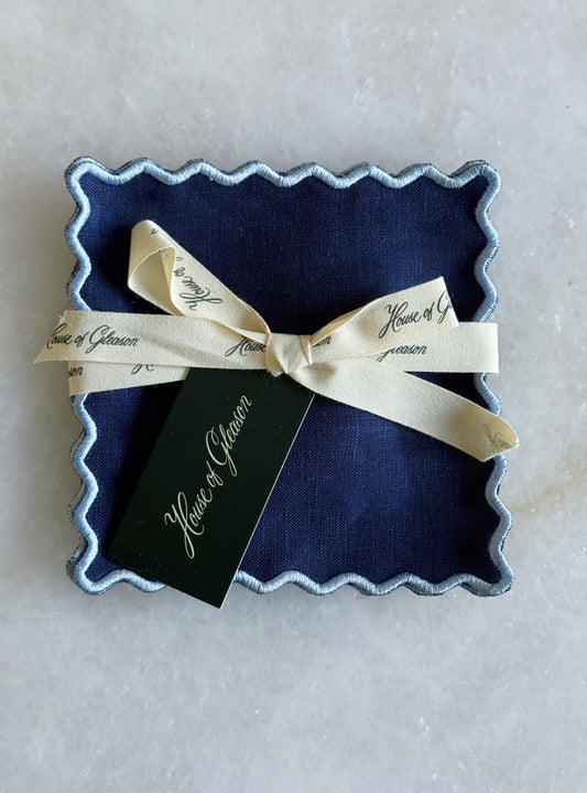 Linen Embroidered Cocktail Napkin - Navy/Pale Blue