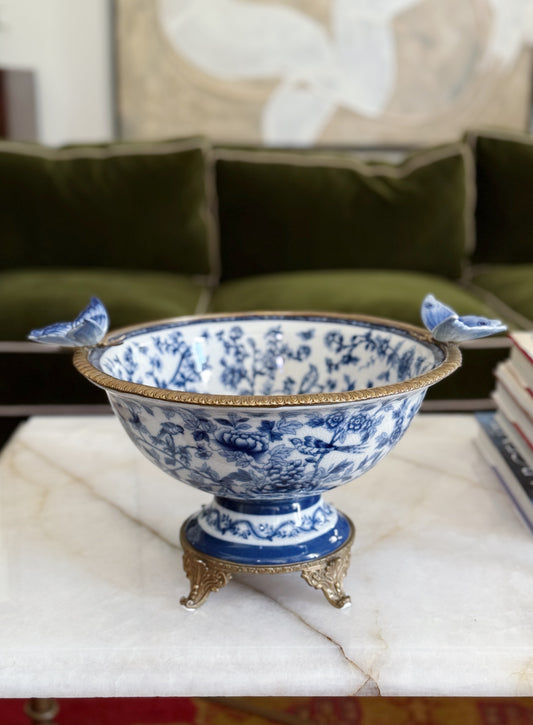 Blue & White Porcelain Footed Bowl with Ormolu Base and Butterfly Detail