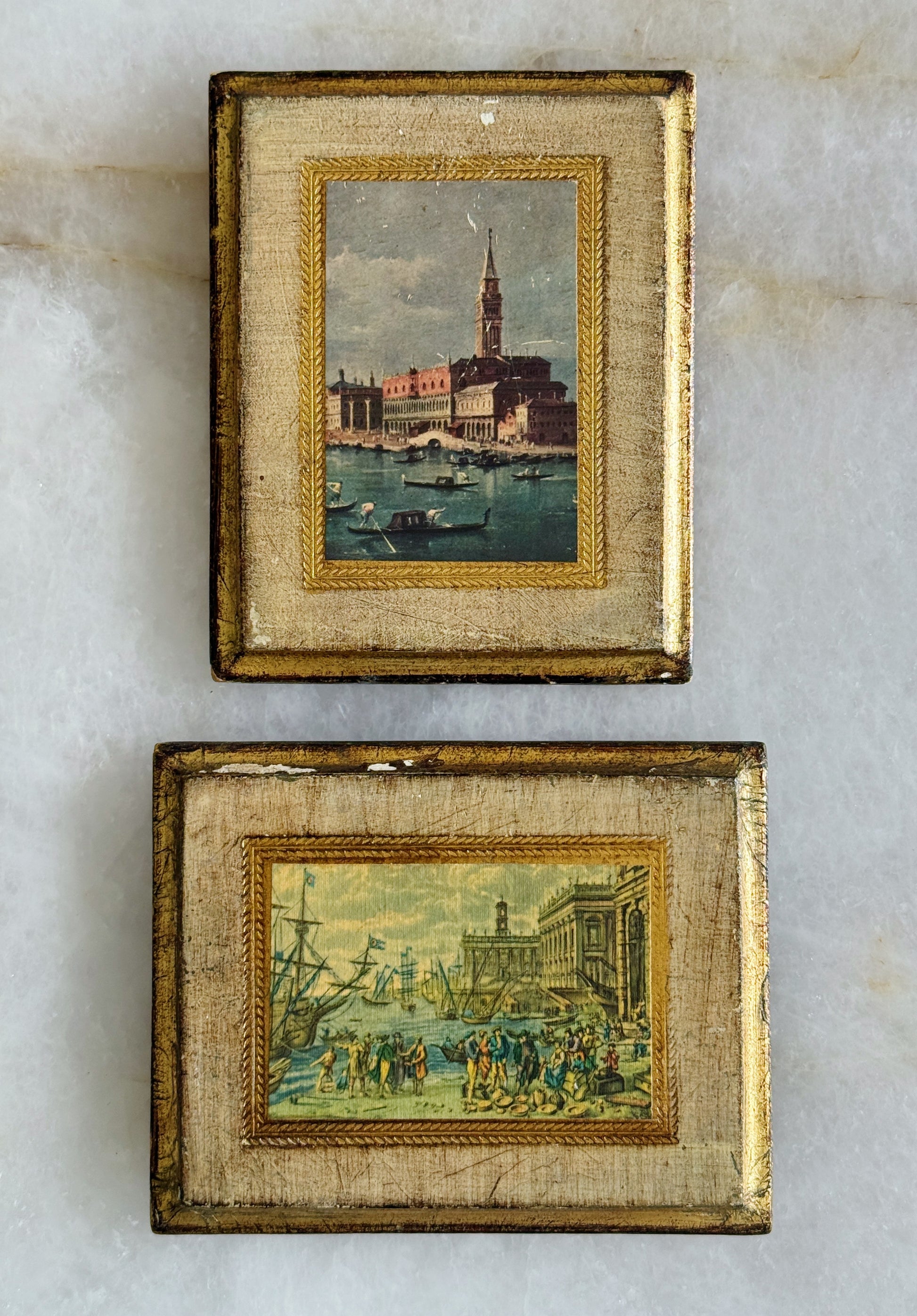 Vintage Italian Florentine Venetian Wall Plaques | Set of 2 Gilt Wood Framed Prints